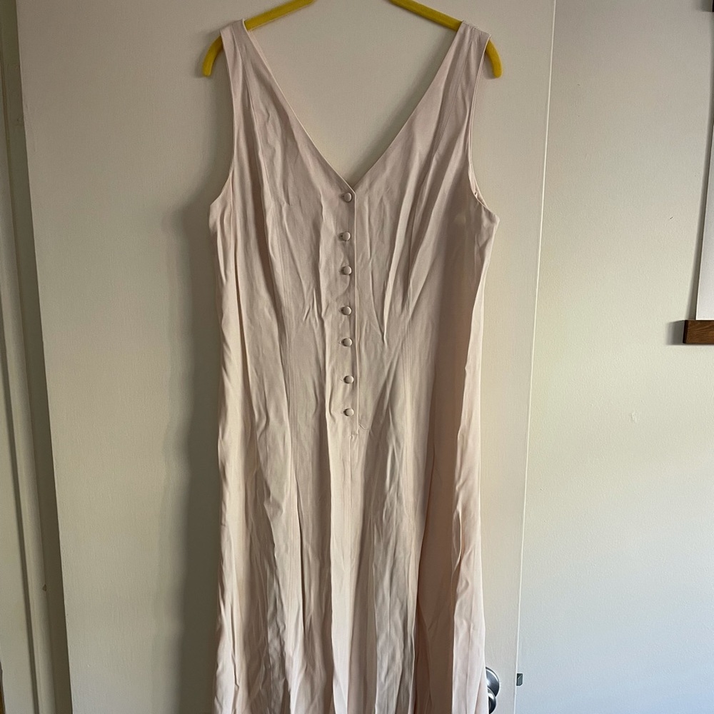 Beige Button Up V-Neck Dress
